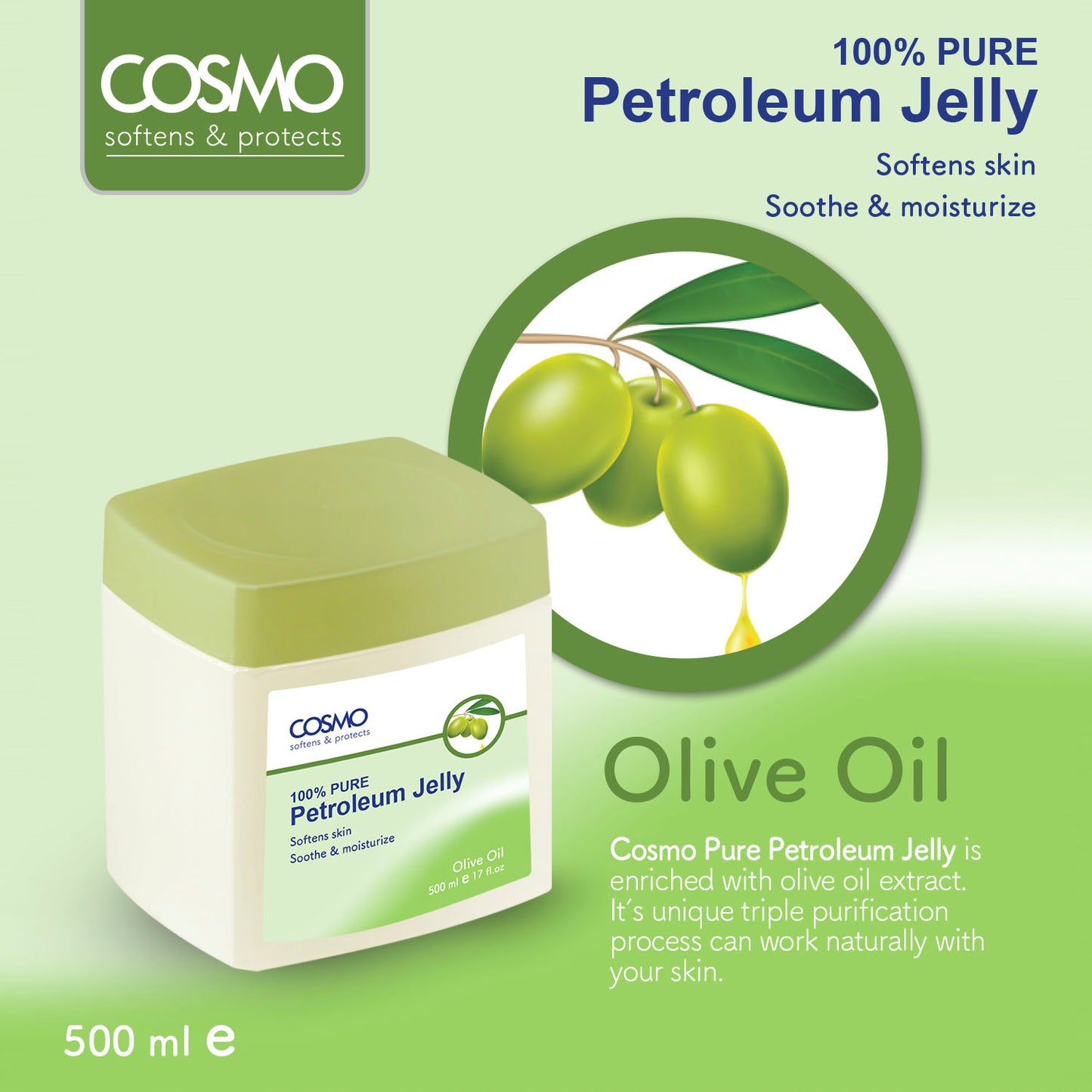 OLIVE OIL 100% PURE PETROLEUM JELLY 500ML